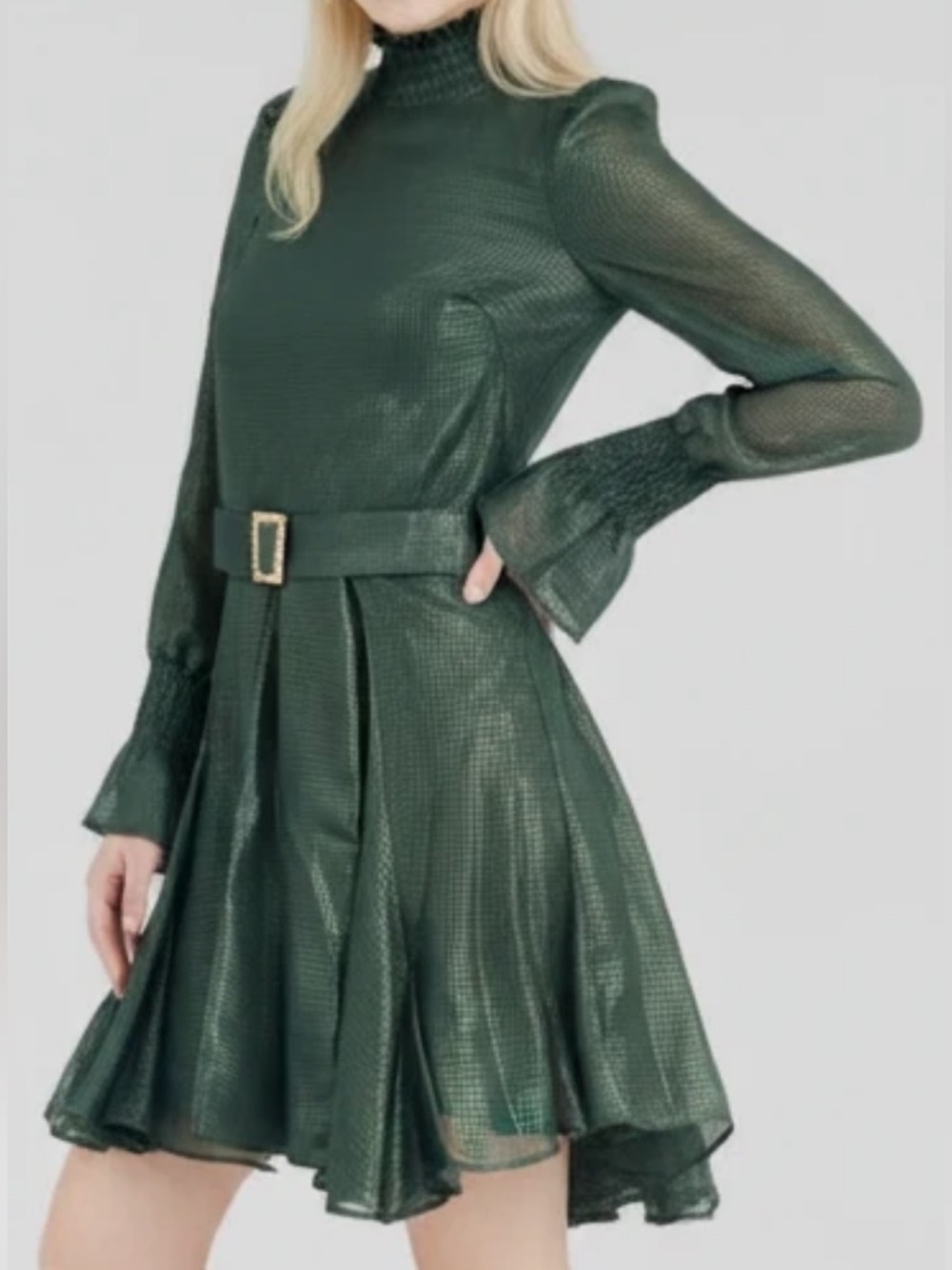 Lavenders Brown             Emerald Green High-Neck Belted Long-Sleeve Dress - Picture 2 of 8